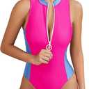 SHEKINI Women's Sporty One Piece Bathing Suits High Neck Rash Guard Leotards Zipper Swimsuit (Pink, S)