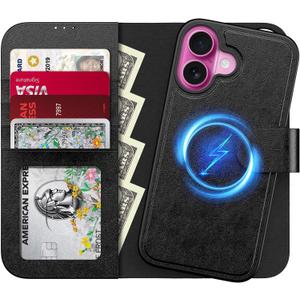 LUHOURI for iPhone 16 Plus Case Wallet - Wireless Charging Compatible Black | RFID Blocking 4 Card Slots Holder - Detachable Flip Folio Leather Cover - Protective Phone Case for Women Men