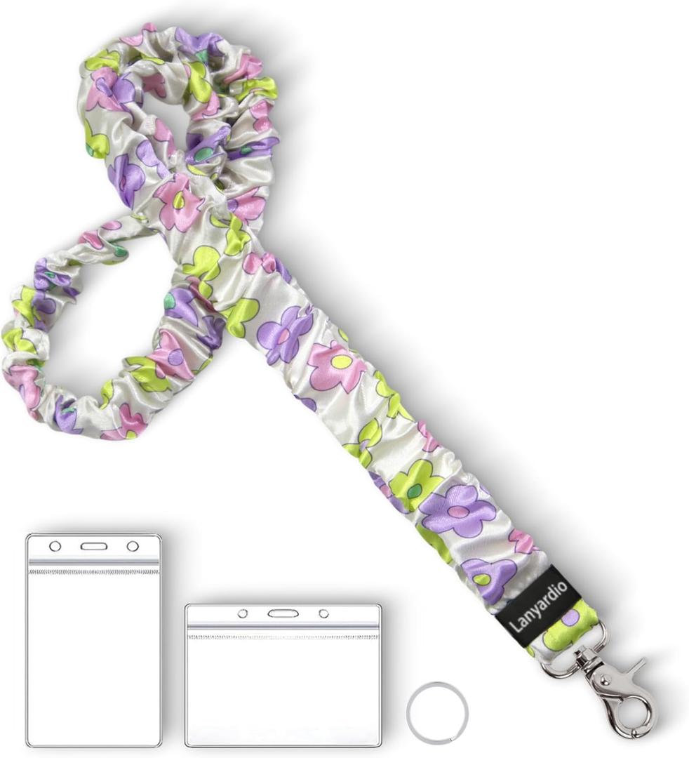Lanyardio Stretchy Scrunchie Lanyard for ID Badges Keys, Cute Teacher Lanyard for Women with 2 Card Holders 19.20 Inch