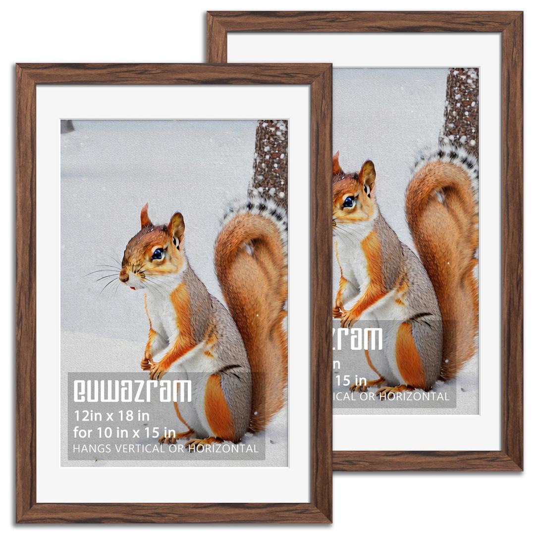 euwazram Rustic Walnut 12x18 Frame - Set of 2, 12 x 18 Poster Frame with Mat for 8x12, Picture Frames for Artwork, Puzzles, Photos and Movie Posters