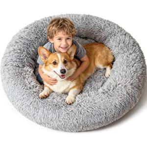 Extra Large Donut Calming Dog Bed with Orthopedic Memory Foam Dogs,42 Inch Pet Bed Cuddler Anti Anxiety with Comfort Cooling Gel, Removable Waterproof Round Plush Cover Sofa for Machine Washable, Grey