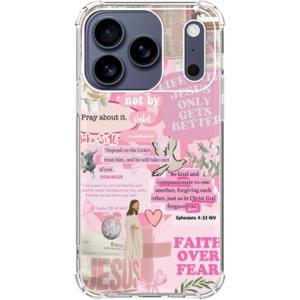 Pink Christian Collage Phone Case for iPhone 17 Pro, Bible Verse Quote Art Phone Cover, Trendy TPU Bumper Cover Case