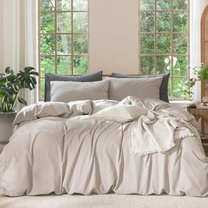 MooMee Bedding Duvet Cover Set 100% Washed Cotton Linen Like Textured Breathable Durable Soft Comfy (Solid Light Tan, Palatial King/Oversized King 120"x98")