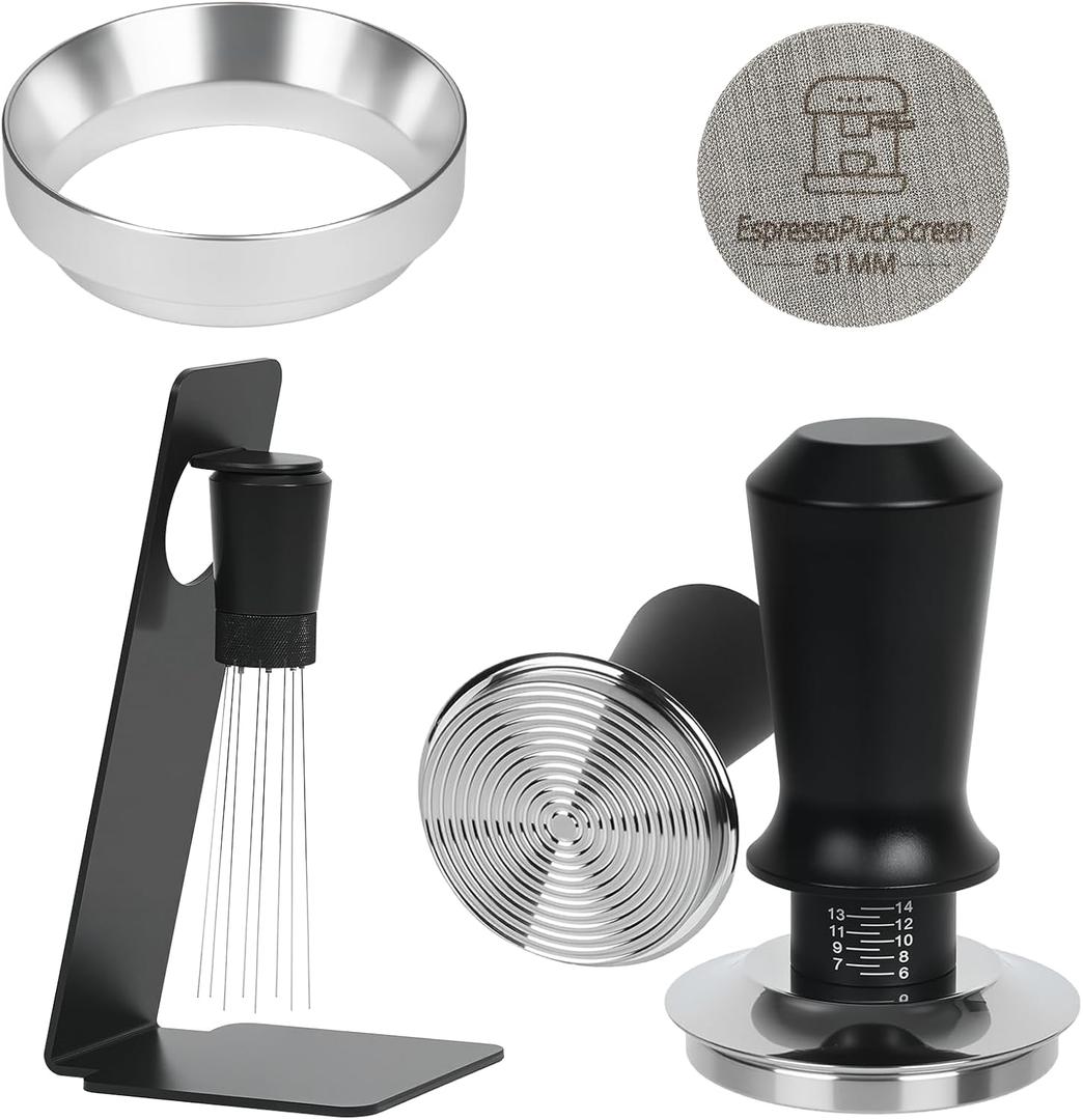 51mm Espresso Tamper Kit - Dual-Spring Calibrated Coffee Tamper, 8-Needle WDT Tool Espresso Distribution Tool, Magnetic Aluminum Dosing Funnel, Reusable Puck Screen, Fit Delonghi 51mm Portafilters