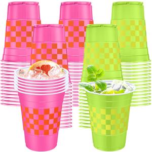 Qinyoung 30 Pcs Pink and Green Checkered Plastic Cups 16 oz Pink Orange and Green Yellow Gingham Cups Disposable for Bachelorette Wedding Birthday Pool Party Decorations Supplies