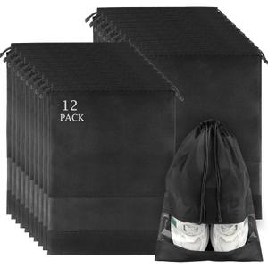 12 Pack Large Shoe Bags for Packing with Clear Window, Dustproof Drawstring Travel Shoe Storage Bags for Men & Women, Black