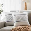 Soft Cotton Boho Throw Pillow Covers Set of 2, Natural White/Grid Blue 20x20 Inch, Blue Farmhouse Decorative Cushion Covers for Sofa Bed Living Room Home Decor