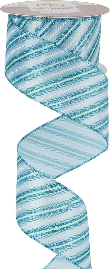2 x MEEDEE Blue Diagonal Stripe Ribbon 2.5 Inch Blue Satin with Turquoise and Teal Glitter Wired Ribbon for Wreath Bow, Topper Bow, Tree, Garlands (10 Yards)