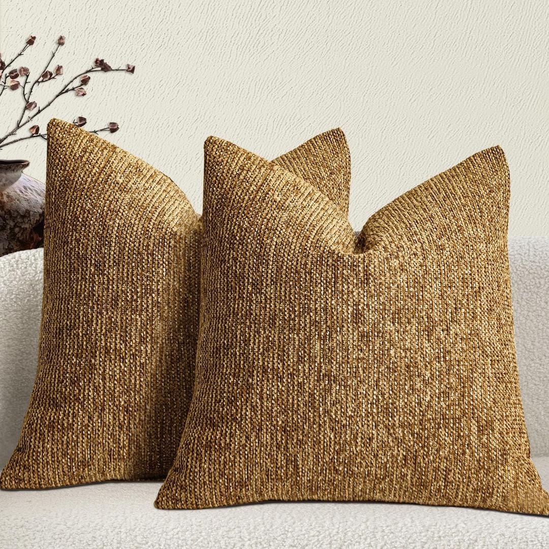 Golden Brown Couch Decorative Throw Pillow Covers 18 x 18 in Set of 2 - Autumn Fabric Textured Retro Farmhouse Style Accent Cushion Case Square Pillowcase for Sofa, Couch, Living Room