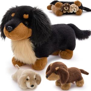 MorisMos Dachshund Stuffed Animal Plush Toys, 20'' Realistic Long Haired Dachshund Toys Gift for Kid Toddler Women, Mama Puppy Surprise with Baby Dog Stuffed Animals,Cuddle Black Weiner Dog Pillow