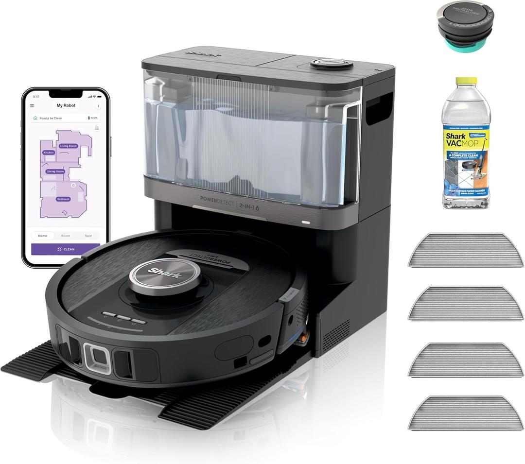 Shark PowerDetect NeverTouch, Self-Empty & Self-Refill, Robot Vacuum and Mop with Bagless, 30-Day Debris Capacity HEPA Base, 30-Day Capacity Refill Tank, Pad Dry, Black, AV2810YS