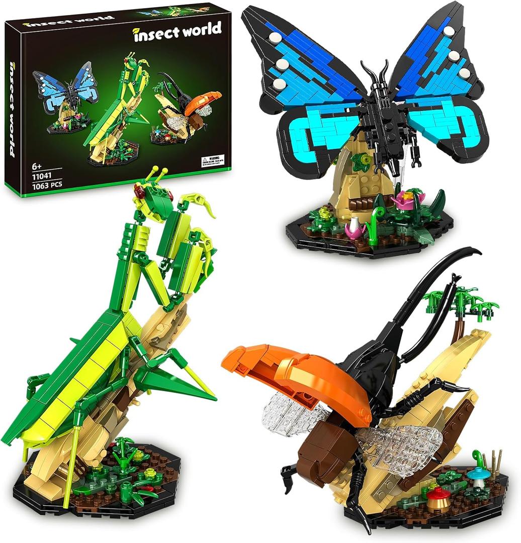 Insect Collection Building Toy Set, with Life-Size Blue Butterfly, Mantis and Beetle Display Models, Fun Gift for Nature Lovers, Bug Building Office Home Decorative, Gifts Ideal for Adults Kid 6+