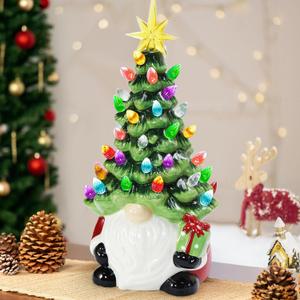 ORIENTAL CHERRY Christmas Decorations - 12 Lighted Up Gnomes Ceramic Christmas Tree with 46 Multicolored Lights - Small Mini Prelit Xmas Holiday Decor for Tabletop Home Room Table Fireplace Office