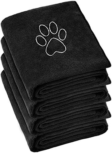 Chumia 4 Pack Dog Towels for Drying Large Microfiber Grooming Tools Absorbent Soft Bath Supplies with Embroidered Paw for Small Medium Pet Products(16 x 32 Inch,Black)