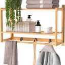 ClosetMaid Bamboo Wall Shelf with Towel Bar, 3 Hooks, Wall Mount Storage Shelves, 2 Tier, Organizer Rack, Natural Finish