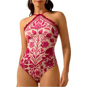 WDIRARA Women's Boho Floral Print Halter Bodysuit Frill Trim Sleeveless Leotard Top (Hot Pink) M 