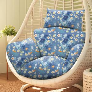 Waterproof Egg Chair Cushion Replacement 47x31.5x4.7 inch Thicken Hanging Egg Swing Chair Cushion Indoor Outdoor Wicker Rattan Hammock Basket Cushion with Headrest Pillow, Blue Peony