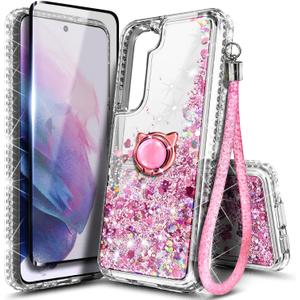 NGB Case for Samsung Galaxy S21 FE 5G with Tempered Glass Screen Protector (Maximum Coverage), Ring Holder/Wrist Strap, Girls Women Liquid Bling Sparkle Glitter Cute Case (Rose Gold)