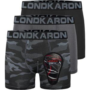 3-Pack Youth Boys Stretch Boxer Briefs w/Soft Protective Cup, Elite Boxer Jock for Baseball & Football (Large, Black/Grey/Camo)