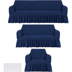 3 Pcs Sofa Slipcover Set for Couch Cushion Durable Washable High Elastic Stretchable Furniture Couch Covers with Skirt for Sofa Loveseat Arm Chair(Navy Blue, Seersucker)