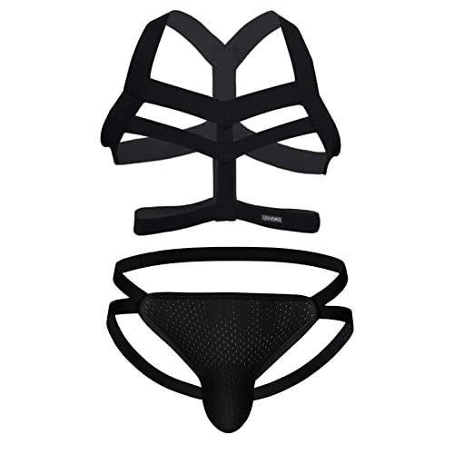 SDGTMJSY Men Brazilain Bikini Brief Underwear Men Sexy Elastic Body Chest Harness Jockstrap Lingerie Set Black, Large 