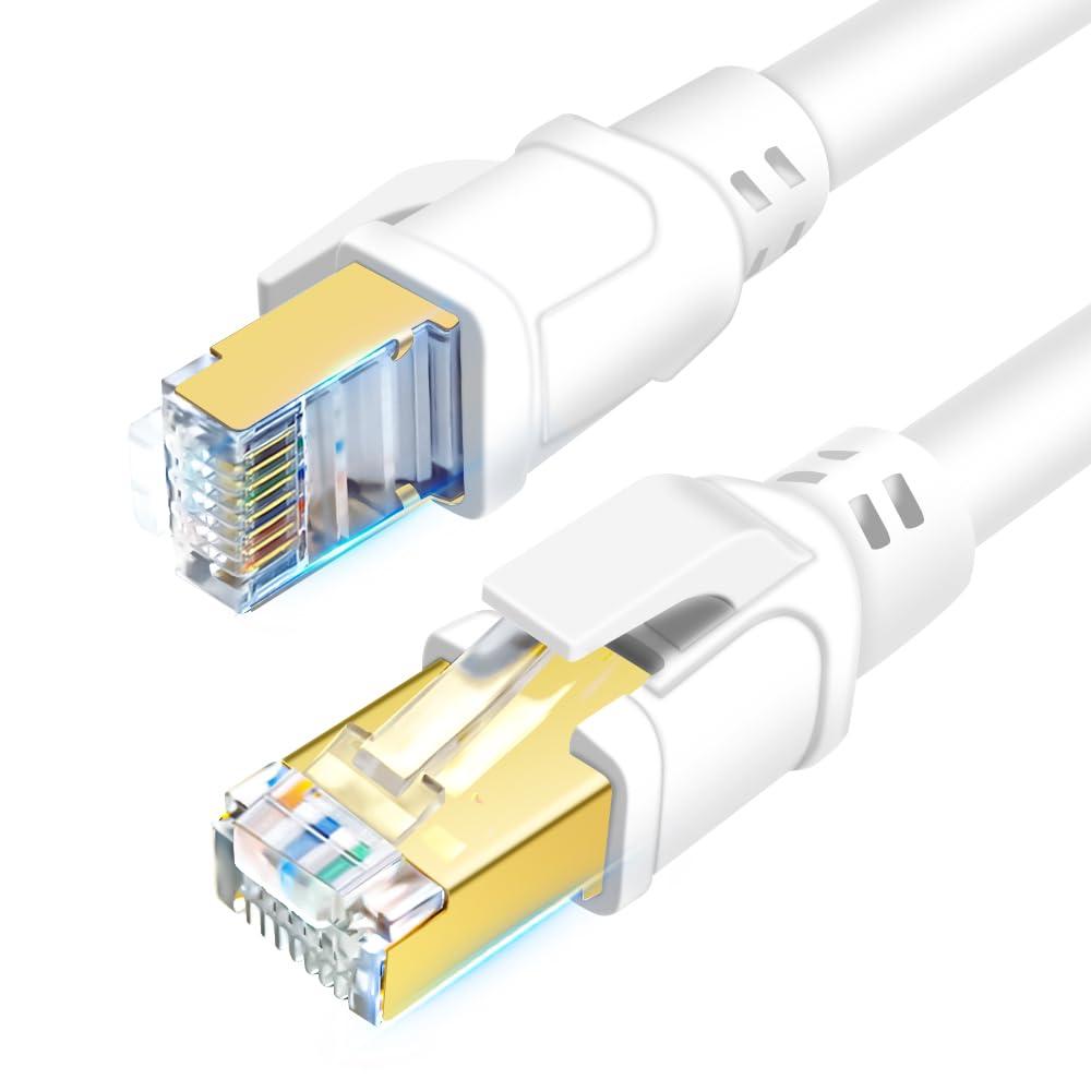 DDMALL CAT 8 Ethernet Cable 10ft 2 Pack, High Speed 40Gbps 2000MHz Network Internet LAN F/FTP CAT8 Patch Cord with Gold Plated RJ45 Connector for Gaming, Router, Modem, X Box (10ft 2 Pack White)
