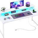 PRAISUN 48 inch Gaming Desk, LED & Power Outlets, Monitor Stand, White