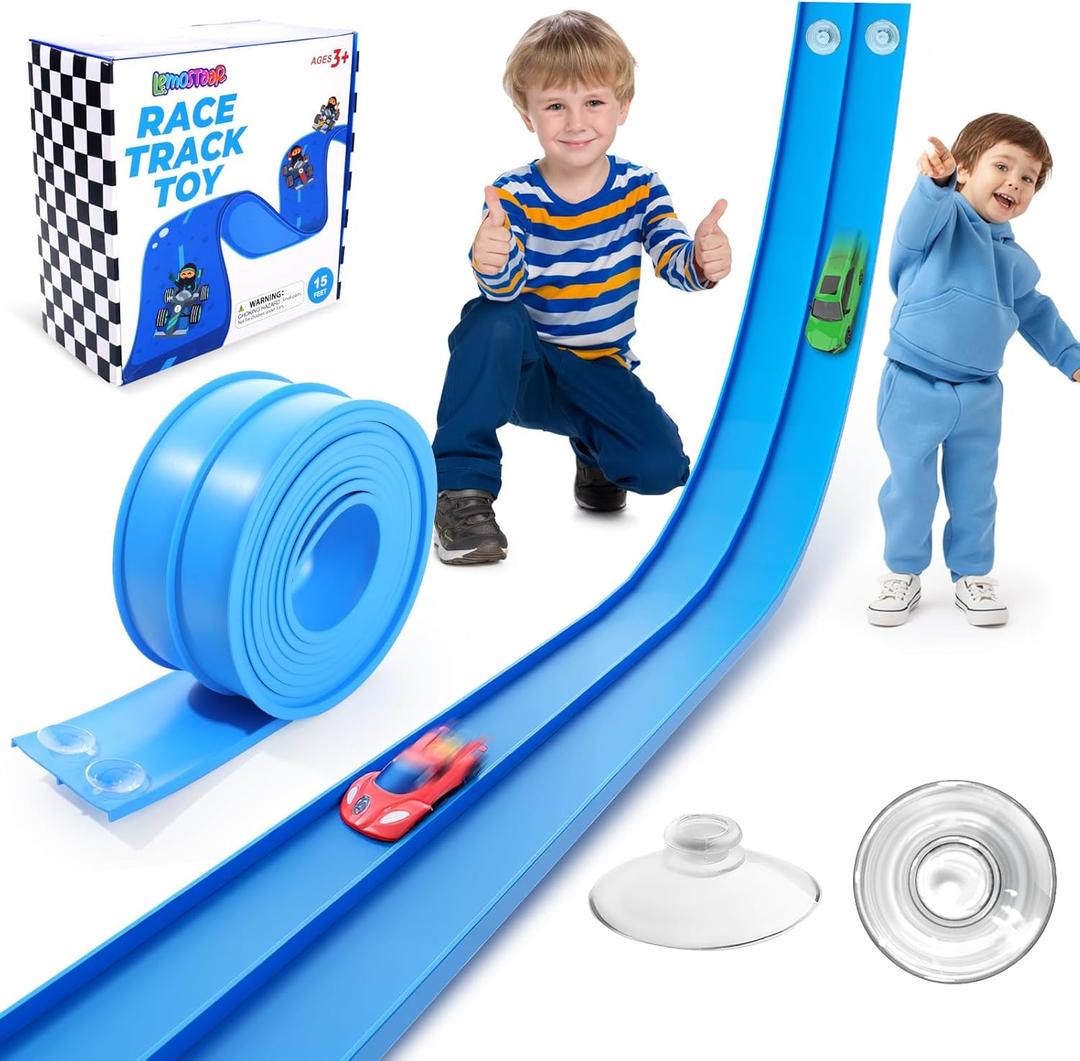 Flexible Race Track Toys for Kids: 15 Ft Flex Race Car Ramp Track with Suction Cups - Rolls Up Portable DIY Racetrack Compatible with Diecast 1/64th Cars Model - Birthday Gifts for Boys Girls Ages 3+