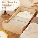 JOYMOR Toddler Bed, Floor Bed with Safety Guadrail, Montessori Toddler Bed with Animal Ear Shapes, Soft Velvet Wood Bed for Infant, Kids, Mattress not Included (Beige), Standard Crib