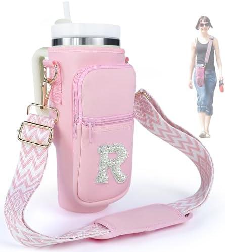 Water Bottle Holder with Strap for Stanley 40 oz Tumbler, Initial A-Z Water Bottle Carrier Sling Bag with Pouch Phone Pocket Handle Crossbody Water Bottle Holder Case Sleeve for Walking Camping Gym