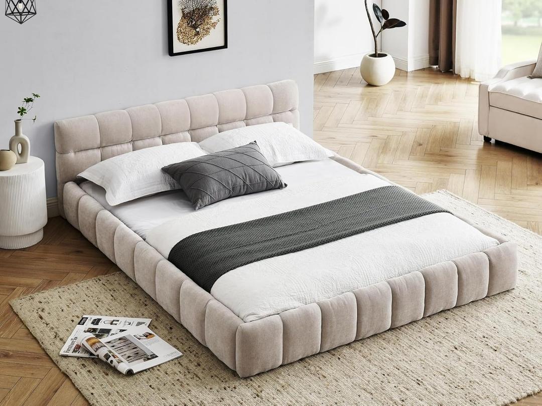 KEIKI Queen Thick Chenille Bed Frame with Upholstered Tufted Headboard, Modern Solid Wood Floor Platform for Bedroom, No Box Spring Needed (Beige)