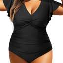 Aqua Eve Plus Size One Piece Swimsuit with Sleeve Tummy Control Bathing Suit Ruffle Vintage Swimwear Black 22W