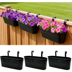SYITCUN Metal Railing Planter Boxes 16 Inch, 3-Pack Adjustable Hanging Flower Pots for Balcony, Deck, Porch & Fence, Detachable Hook Design, Black Heavy Duty Planters for Outdoor