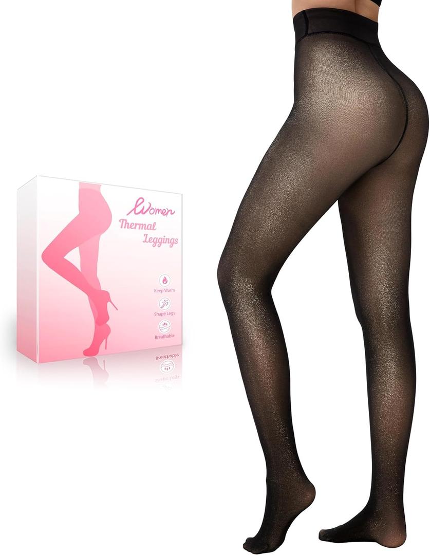 HONGTEYA Fleece Lined Tights Women Winter Thermal Leggings Pantyhose Fake Translucent Thick Warm Sheer Tights (Large)