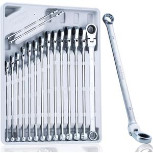 toolant Extra Long Ratcheting Wrench Set, Flex Head & Offset Fixed Head Double Box End Ratcheting Wrench Set, CR-V Steel, Metric 8-19mm & 21-24mm, 16PCS with Storage Tray