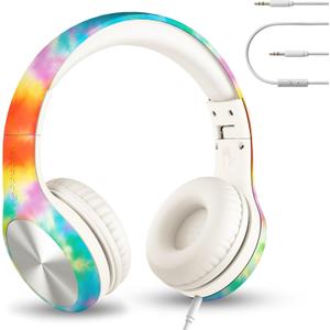 LilGadgets Connect+ Pro Wired Kids Headphones for School with Microphone, Volume Limiting Over-Ear Headset with Cord, SharePort Technology & SoftTouch Padding, Tie Dye Rainbow (Printed, Multicolor)