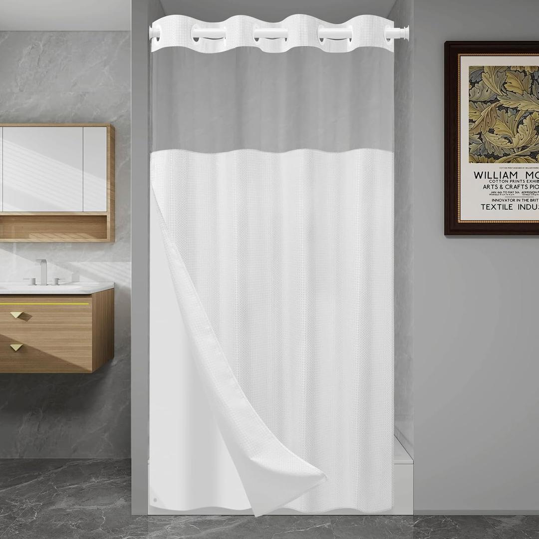 No Hook Shower Curtain with Snap in Liner Set Waffle Shower Curtain for Bathroom Hotel Style Fabric Waterproof Inner Liner36" W x 74" H, White