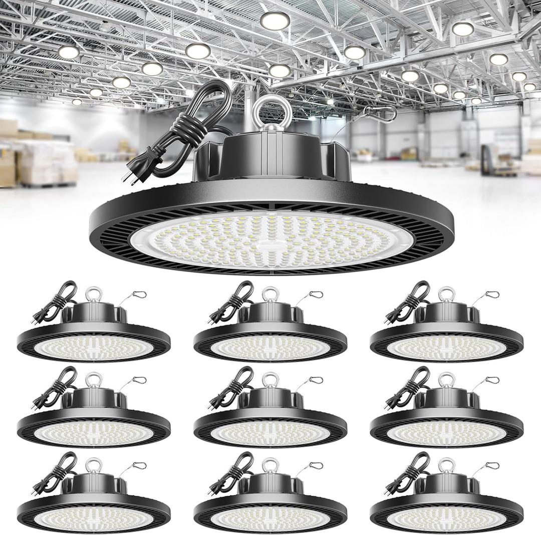 ELEKICO Super Bright 21000lm 5000k 150w 10 Pack UFO Led High Bay Shop Lights with 5'Cable 3-Pin Plug Hook Safe Rope for Garage Factory Warehouse Workshop Barn