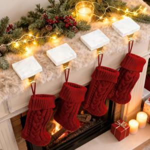 Christmas Stocking Holders Set of 4, Marble Stocking Holders for Mantle Fireplace Hanger Hooks Holiday Mantel Garland Clips Metal Grips (White)
