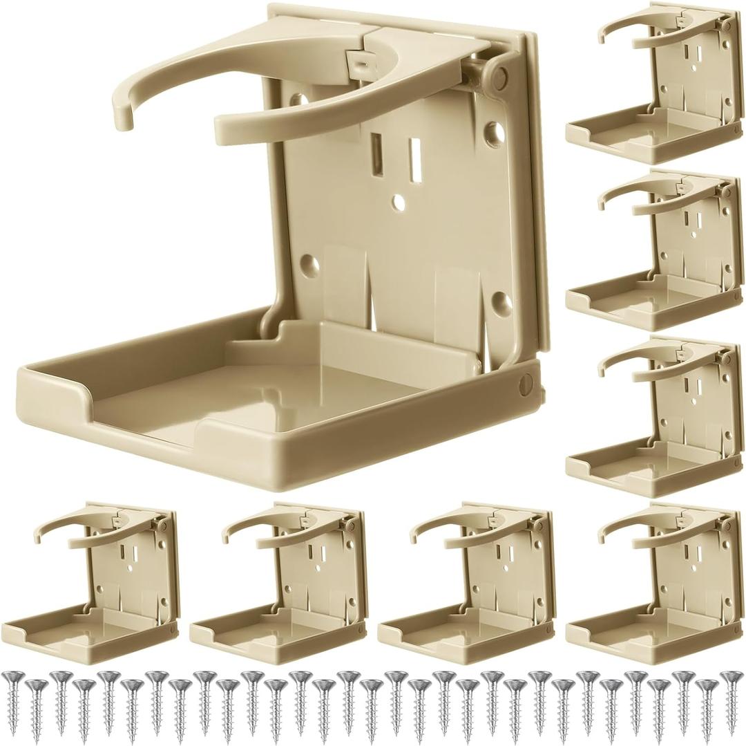 Tioncy 8 Pack Adjustable Cup Holder with Screws Universal Plastic Folding Wall Mounted Cup Holder for Water Beverage Bottle Caravan Autos Cars Trucks RVs Boats Accessories(Beige)