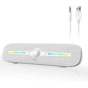 SOULION Computer Speakers for Desktop, USB Powered Bluetooth PC Speaker with Led Light, 3.5mm Aux Soundbar with Rotary Volume Control Button for Laptop Monitor White
