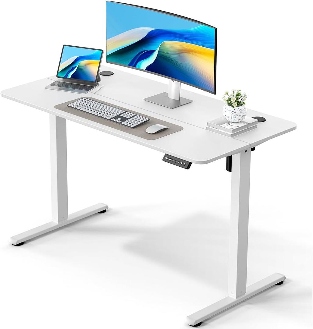 VVENACE 48" Electric Standing Desk Adjustable Height, Ergonomic Sit Stand Computer Desk for Home Office, Sturdy Motorized Workstation with Memory Controller & Timer, White