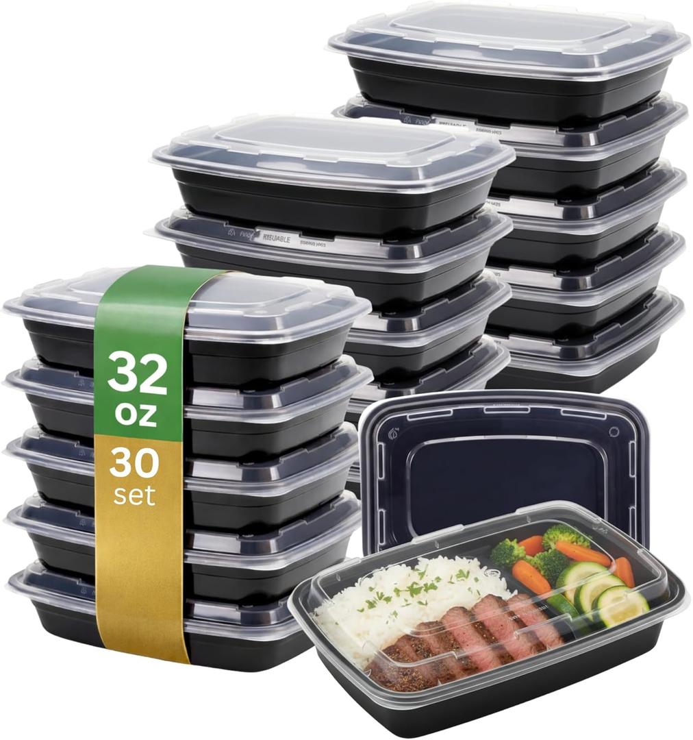 Meal Prep Containers [30 Pack] Rectangular Food Storage Containers with Lids, Bento Box, BPA Free, Stackable, Microwave/Dishwasher/Freezer Safe To Go Food Containers for Meal Prep (32 oz)