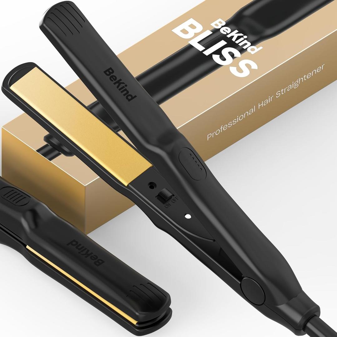 BeKind Bliss Hand-Sized Mini Hair Straightener - Portable Ceramic Small Flat Iron for Short Hair, Bangs, Curls - Lightweight, Dual Voltage Travel Hair Iron, Ideal for Styling & Touch-ups (Black)