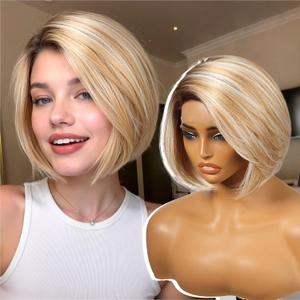 Blonde Synthetic Lace Front Wig,Side Part Short Straight Glueless Bob Wig for White Women Daily Use 10IN (#TT8/106HL)