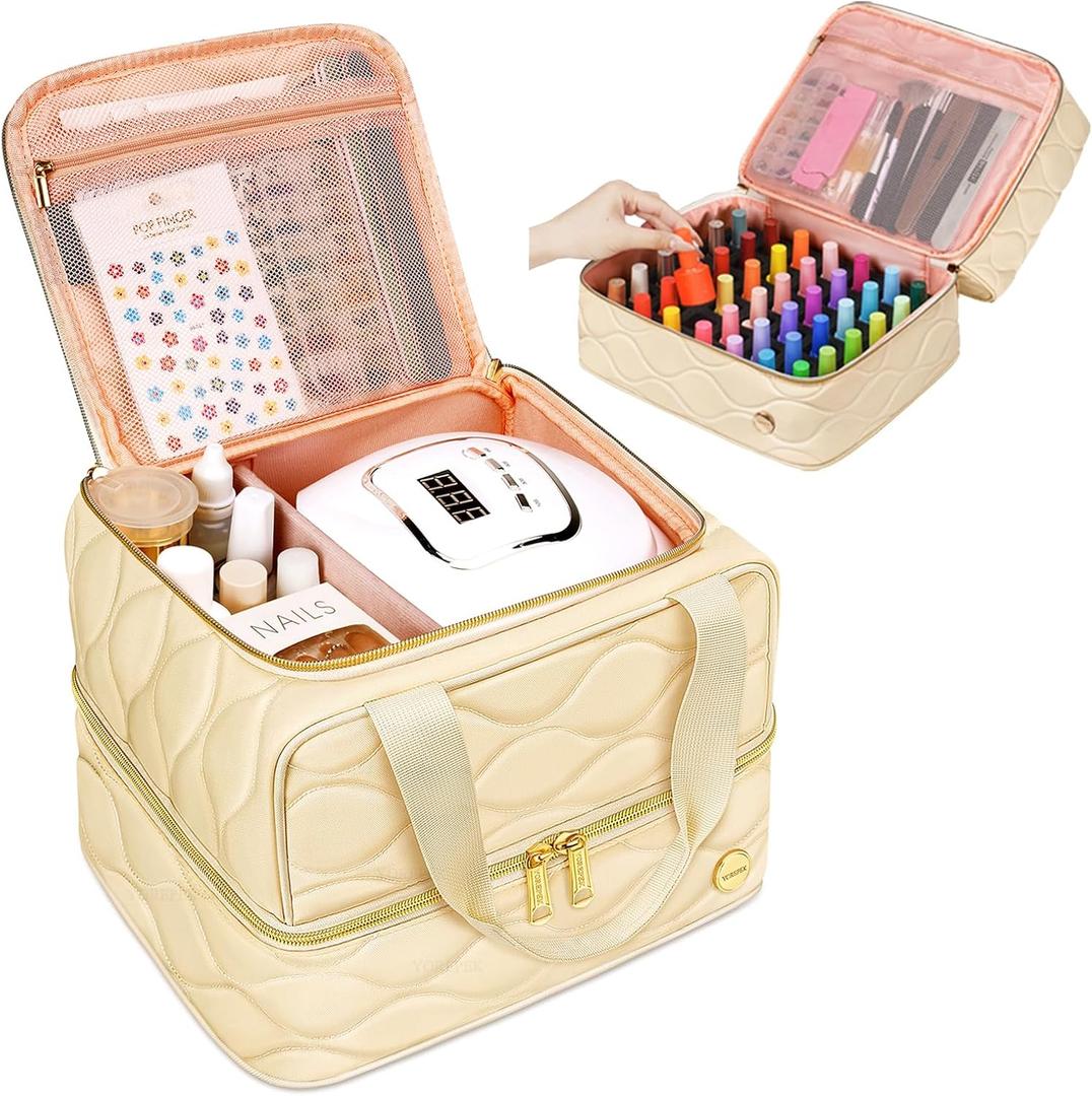 YOREPEK Nail Polish Organizer Case Holds 42+ Bottles (15ml/0.5 fl.oz), 2-Layer Nail Kit Bag with Compartments for Nail Supplies, UV Lamp, Nail Tech Organizers and Storage for Manicure Tools, Beige