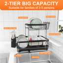 Dish Drying Rack Two-Tier Drying Rack with Utensil Holder, Auto-Draining Dish Rack for Kitchen Counter, Large Capacity for Plates, Bowls, Cups, Dish Drainer with Drainboard, Black
