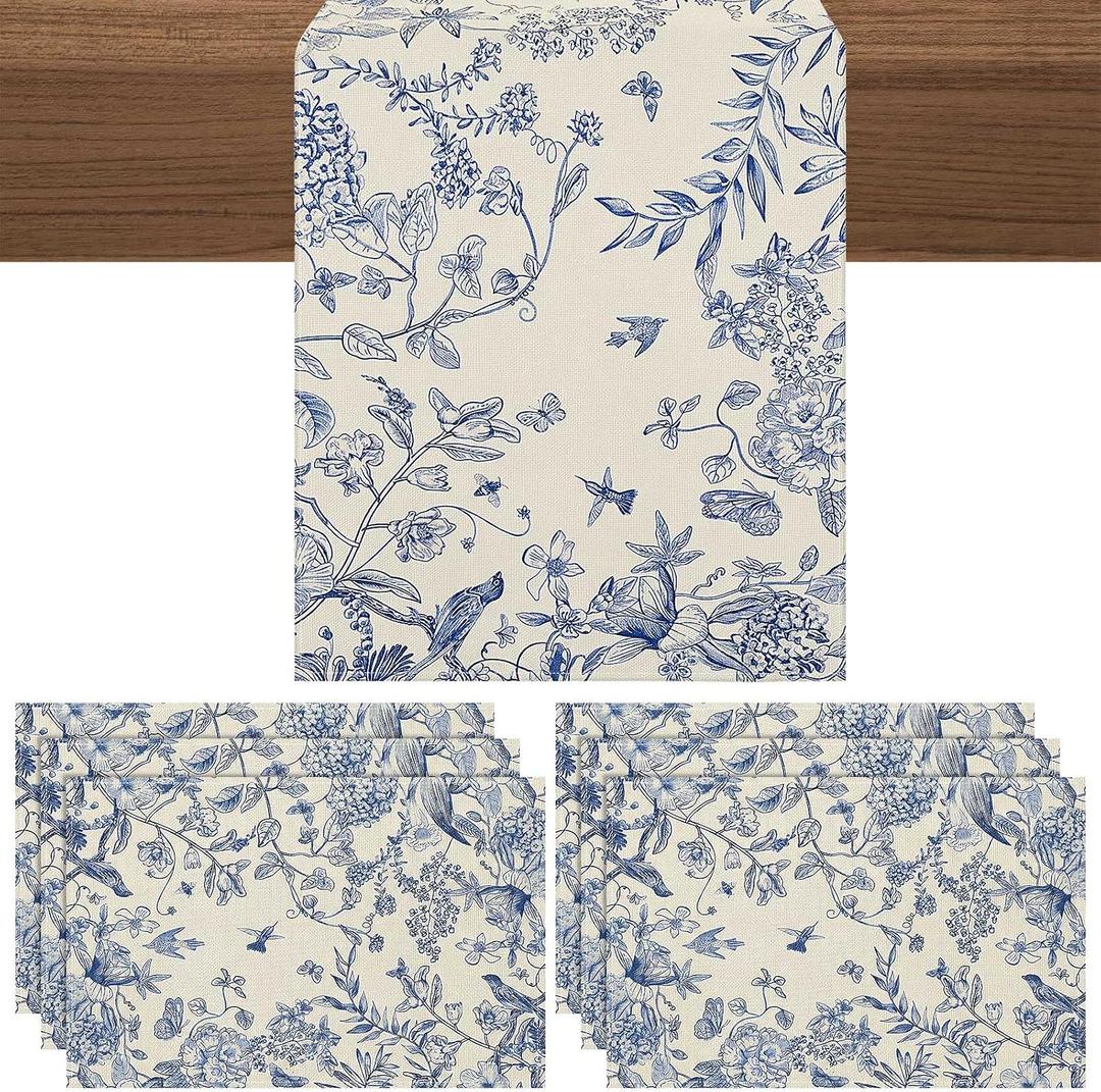 Hahafelt Blue Floral Summer Table Runner and Placemats Set of 7, 12" x 18" Blue and White Chinoiserie Place Mats 13" x 72" Flower Table Runner for Holiday Baby Shower Party Kitchen Dining Decoration