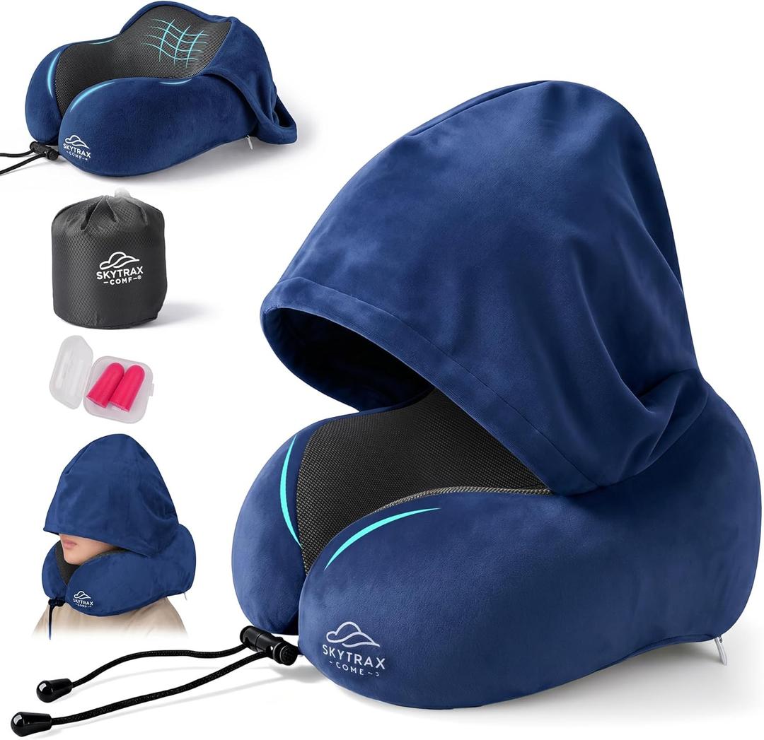 SkytraxComf® Travel Neck Pillow with Hood for Privacy on Long Flights | Memory Foam | Airplane Sleep | Safety-Tested Materials | Extra Large Hood | Chin Support | Earplugs | Washable Cover