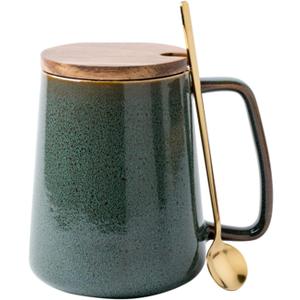 24 OZ Extra Large Ceramic Coffee Mug with Spoon and Wooden Lid Big Jumbo Tea and Coffee Cup with Large Handle for Office and Home Dishwasher and Microwave Safe (Olive Green)